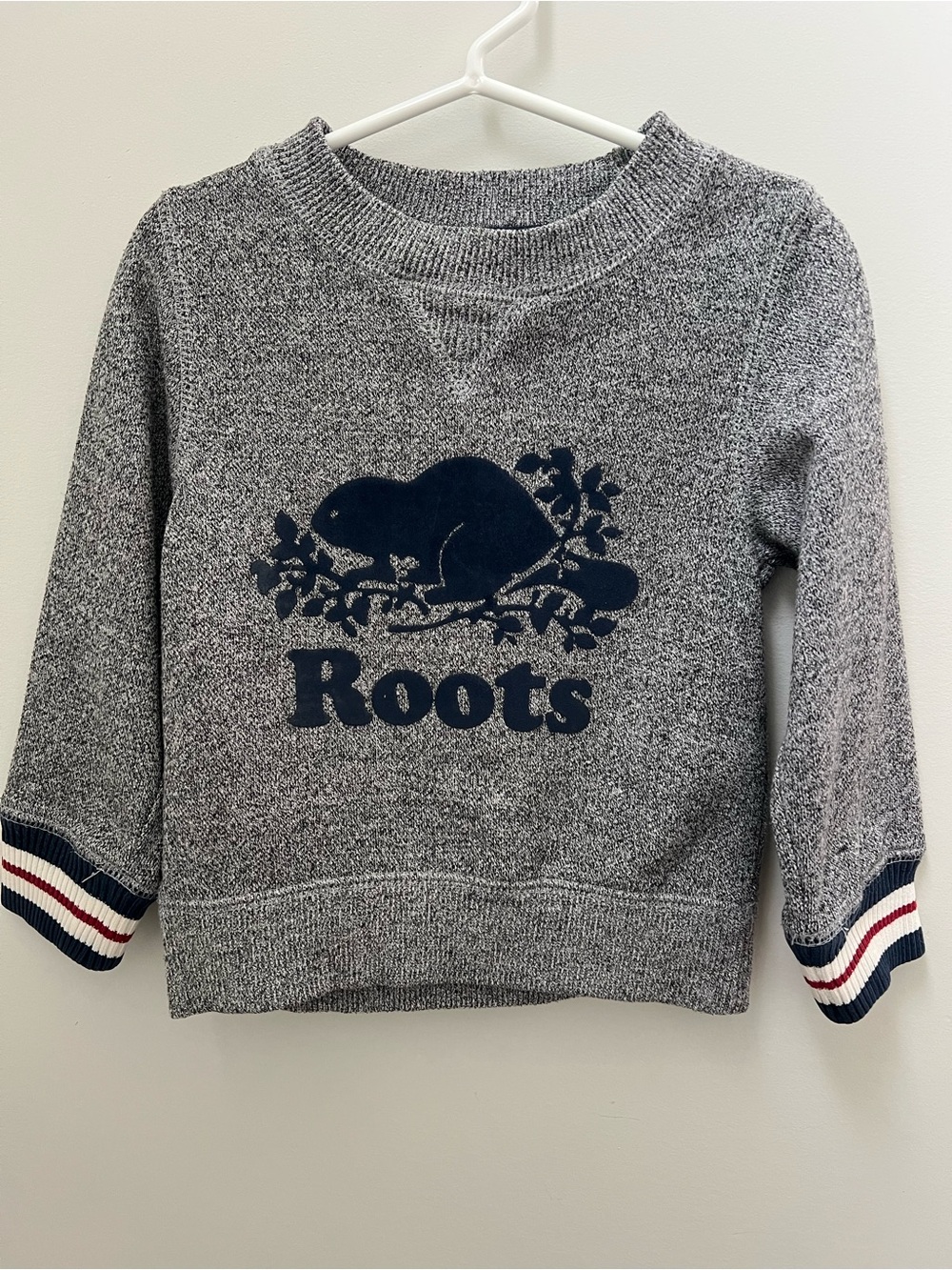 Roots Kids Grey Heather Sweatshirt with Navy Logo and Stripe Cuffs